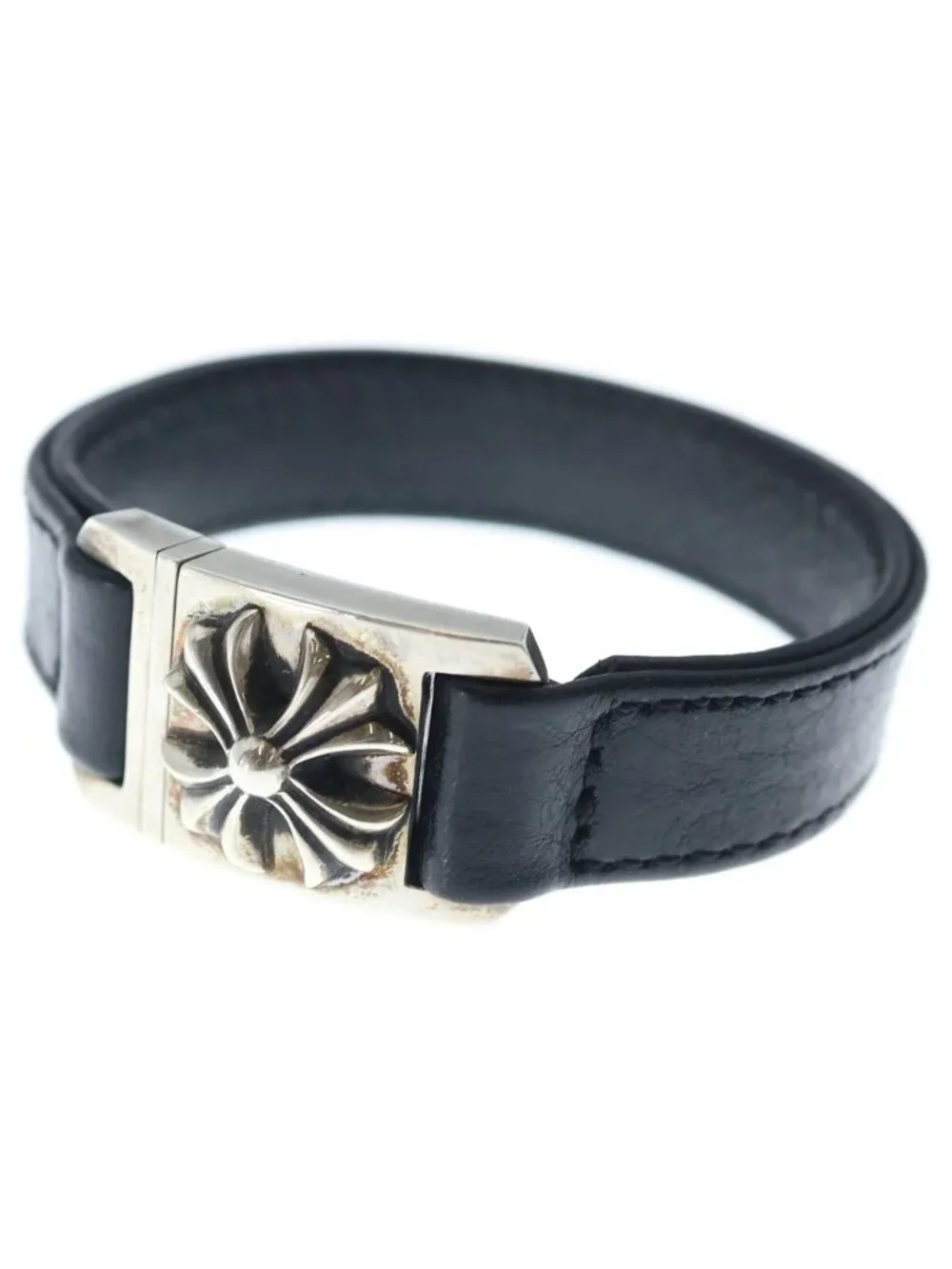 Chrome Hearts Harness Cross Box Leather Bracelet Silver Black